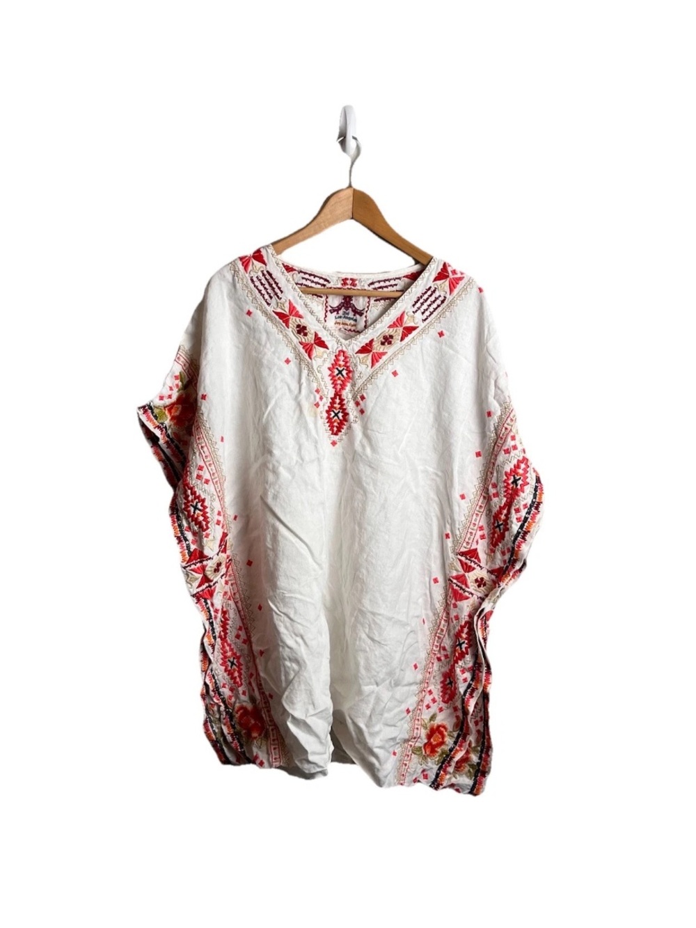 Johnny Was Embroidered Kimono Top L Poncho White Pink Red Boho Resort Womens